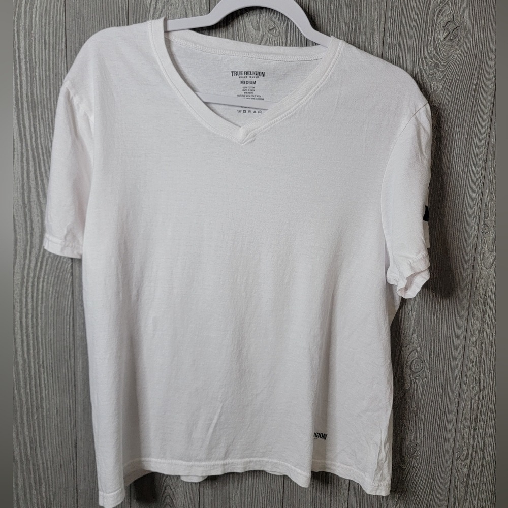 True Religion Womens White Cotton V-Neck Logo‎ T-Shirt Medium Bin E